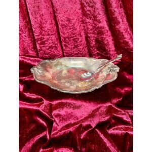 Vintage Kitchen Curved Serving Dish with Spoon Silver Metal Ornate Floral Edge